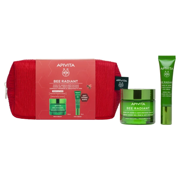 Φωτογραφία προϊόντος: APIVITA Bee Radiant Promo Pack με Κρέμα Πλούσιας Υφής για Σημάδια Γήρανσης & Ξεκούραστη Όψη, 50ML & Δώρο Κρέμα Ματιών για Σημάδια Γήρανσης & Ξεκούραστη Όψη, 15ML & Νεσεσέρ, 1τεμ, 1