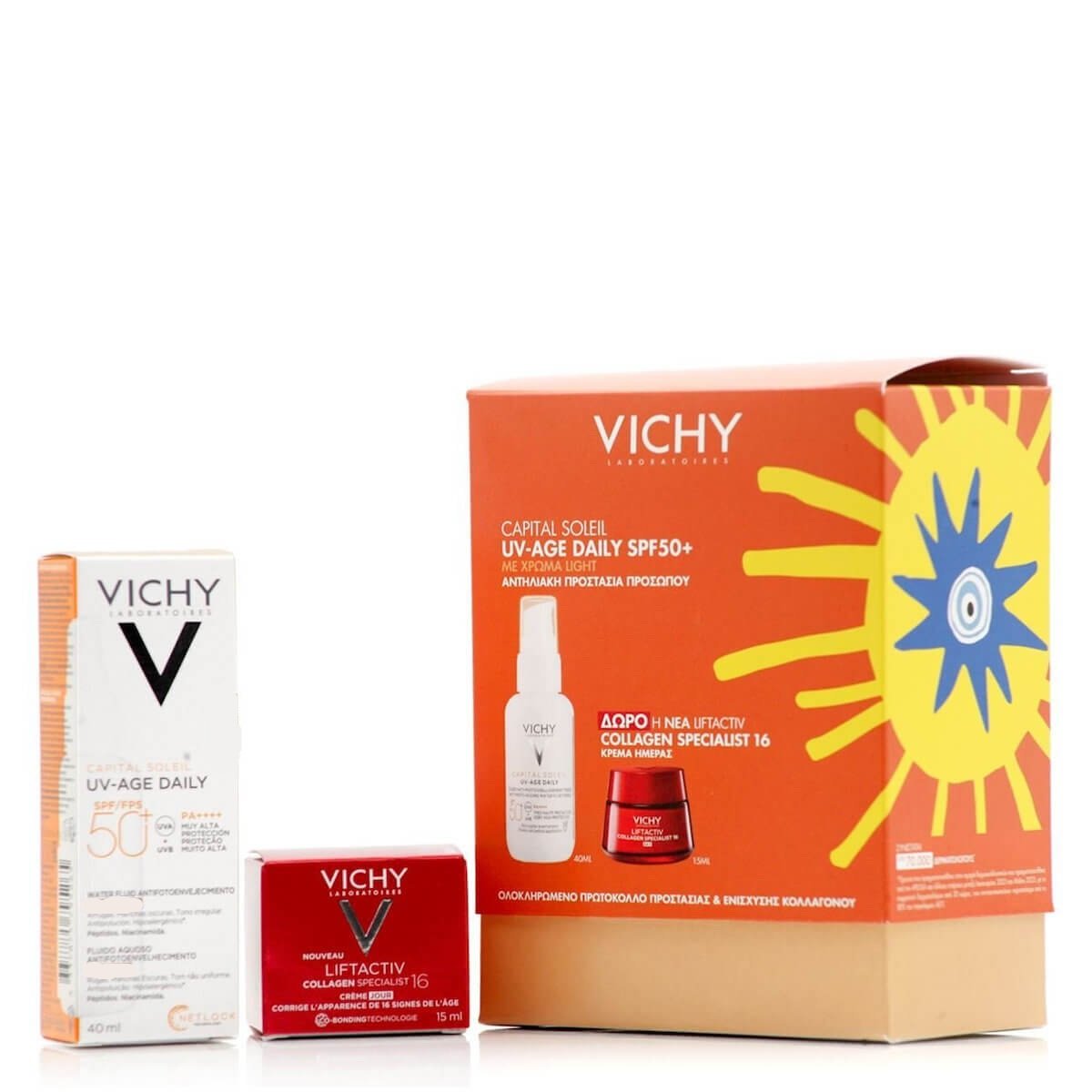 Φωτογραφία προϊόντος: VICHY Promo Capital Soleil Uv-Age Daily SPF50+ Αντηλιακό Προσώπου Καθημερινής Φωτοπροστασίας, Ενάντια Σε Κηλίδες Και Ρυτίδες 40ml Με ΔΩΡΟ Liftactiv Collagen 16 Κρέμα Ημέρας 15ml