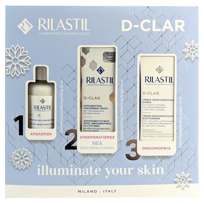 Φωτογραφία προϊόντος: Rilastil Promo D-Clar Συμπυκνωμένο Μικροπίλινγκ 30ml & Σταγόνες Αποχρωματισμού 30ml & Κρέμα Αποχρωματισμού Καθημερινής Χρήσης 15ml