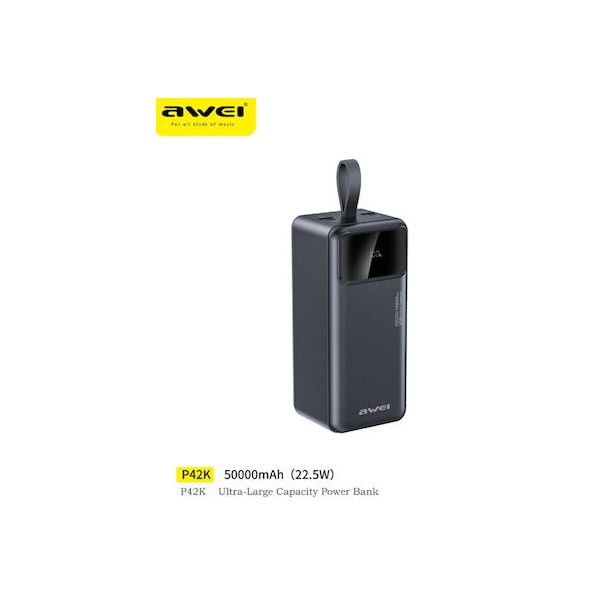 Φωτογραφία προϊόντος: Awei P42K Power Bank 50000mAh 22.5W με USB-A και USB-C PD, Μαύρο