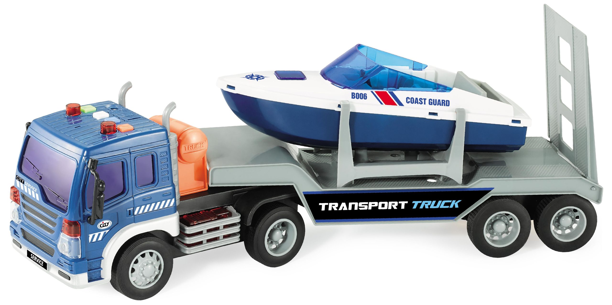 Φωτογραφία προϊόντος: Blue Toys Β/Ο Όχημα Μεταφοράς Πλοίων Με Βάρκα Με Φώτα Και Ήχους (MKO325991)