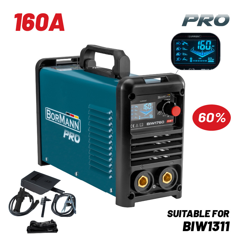 Φωτογραφία προϊόντος: BORMANN Pro ΗΛΕΚΤΡΟΚΟΛΛΗΣΗ INVERTER ΑΠΟΔΟΣΗ 160Α/60%, ΨΗΦ.ΟΘΟΝΗΣ, ΜΕΓ.ΗΛΕΚΤΡΟΔΙΟ 4mm, ΠΕΡΙΛΑΜΒΑΝΕΙ ΕΞΑΡΤΗΜΑΤΑ (061960)