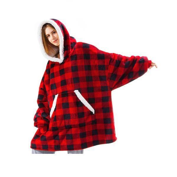 Φωτογραφία προϊόντος: OEM Cuddlez XMAS Edition Φλις Κουβέρτα με Μανίκια, Κουκούλα & Ζεστό Γουνάκι - Oversized Φούτερ για το σπίτι Κόκκινο Καρό 70x90cm