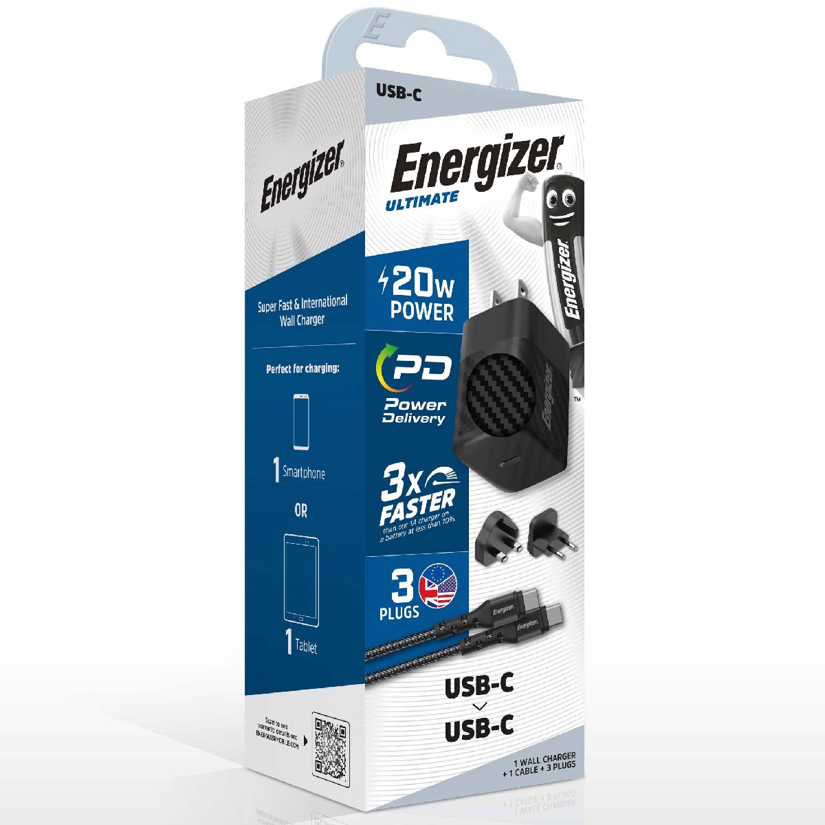 Φωτογραφία προϊόντος: 496A2463-0DCD-EF11-9A7B-C174DFB988E4 Φορτιστής Ταξιδίου Energizer Fast Charge με USB-C 20W και Καλώδιο USB-C/USB-C Μαύρο