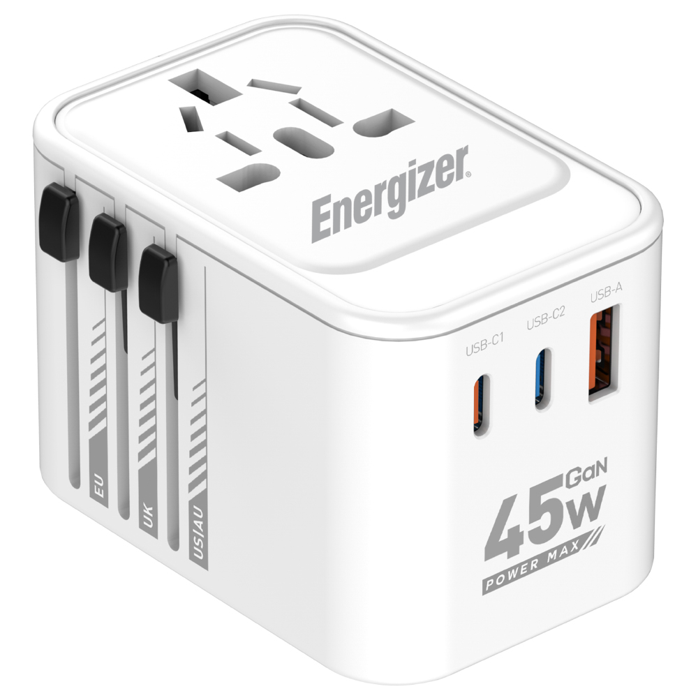 Φωτογραφία προϊόντος: 496A2463-0DCD-EF11-9A7B-C174DFB988E4 Παγκόσμιος Φορτιστής Ταξιδίου Energizer ETC450 US/AU UK EU με 1xUSB-A 30W και 2xUSB-C 45W/12W GaN Λε