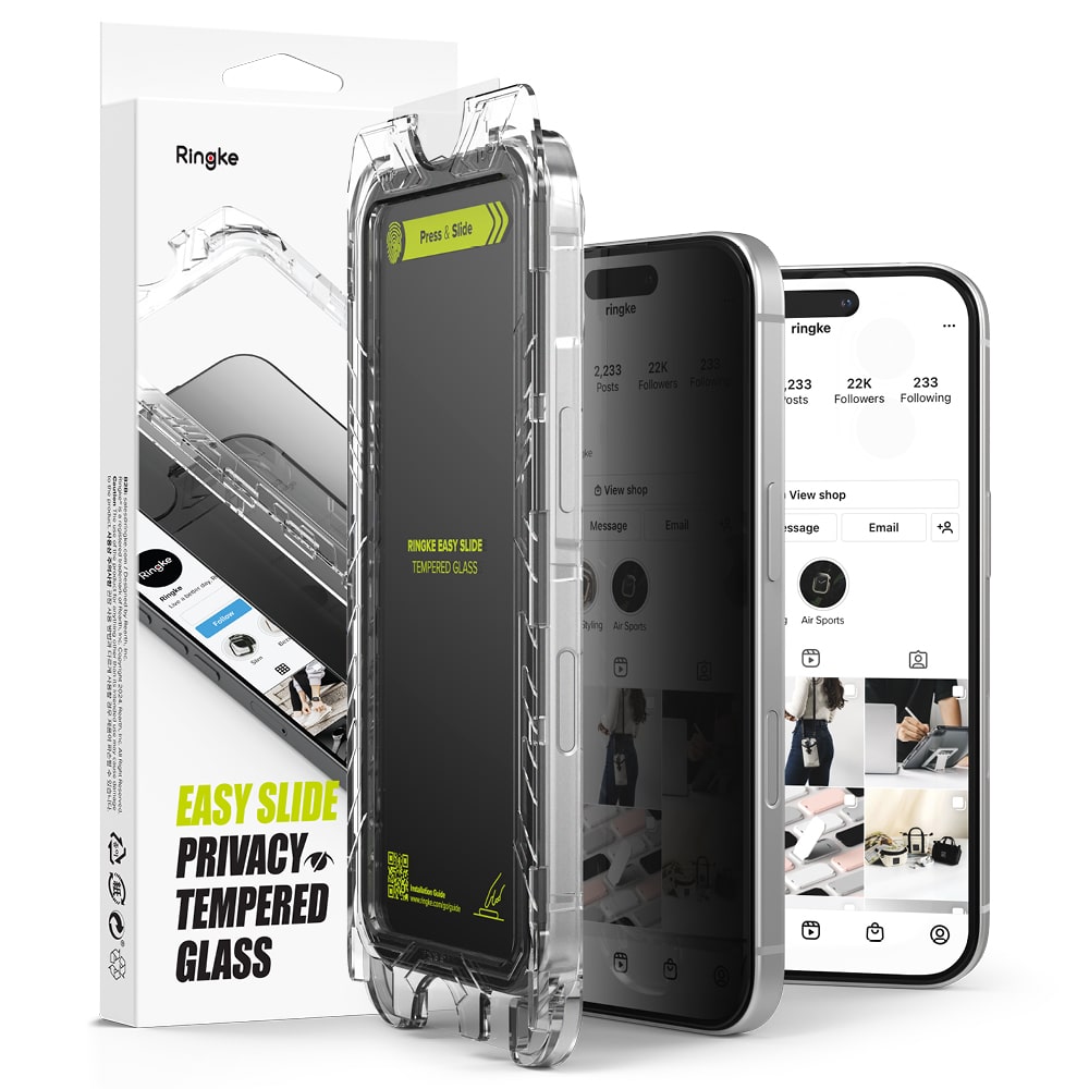 Φωτογραφία προϊόντος: Ringke iPhone 15/ 16 Screen Protector Easy Slide Privacy Tempered Glass 9H with installation jig (2pcs) Transparent