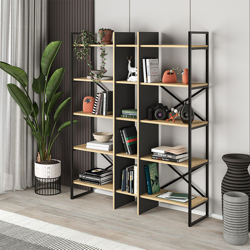 Φωτογραφία προϊόντος: Βιβλιοθήκη Detroit Megapap χρώμα sapphire oak - silky black 143,5x35,2x175εκ.