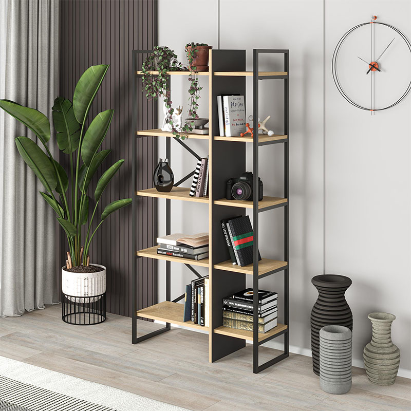 Φωτογραφία προϊόντος: Βιβλιοθήκη Detroit Megapap χρώμα sapphire oak - silky black 87,5x35,2x175εκ.