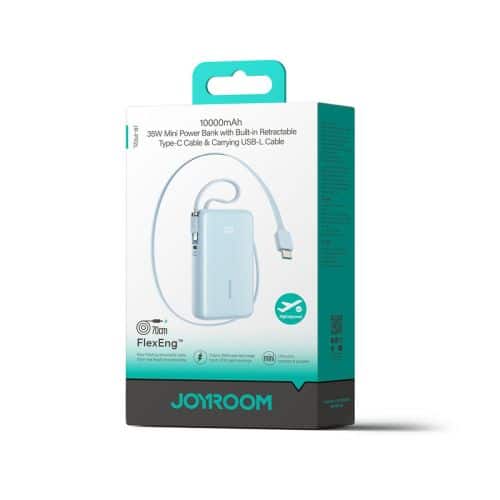 Φωτογραφία προϊόντος: Joyroom Power Bank with Digital Display, C+U+U, PD 35W, 10000 mAh with Built-in Retractable Typle-C and Lightning Lanyard cable (0.7m) Blue(JR-PR2L)
