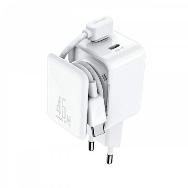 Φωτογραφία προϊόντος: Joyroom Travel Charger GaN Fast Charger C+C, 45W, PD, PPS, UFCS, with Bulit-in Cable Organizer, White (JR-TCL05)