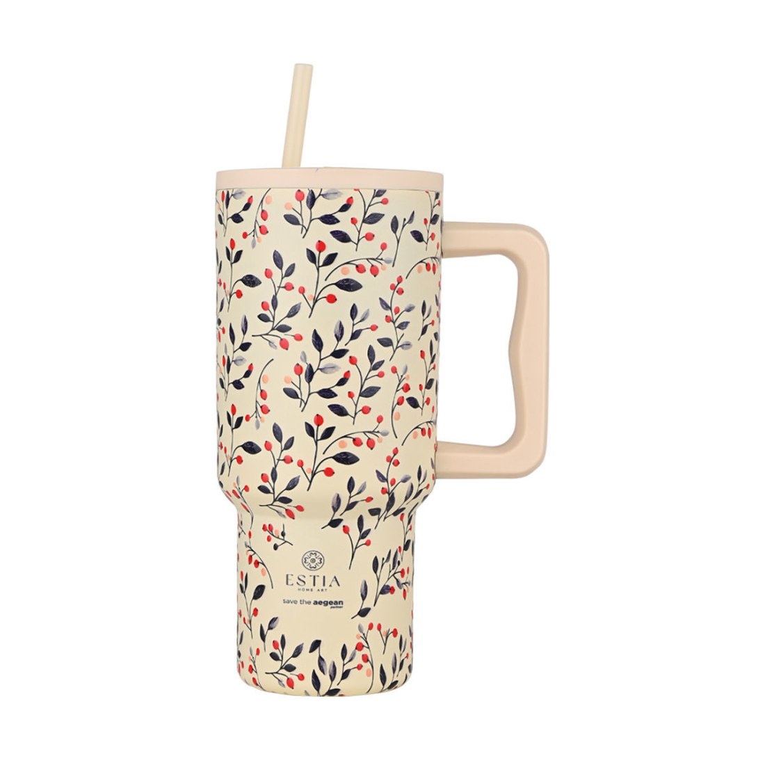 Φωτογραφία προϊόντος: Estia Straw Tumbler XL Save the Aegean Θερμός Ανοξείδωτο BPA Free 900ml με Καλαμάκι και Λαβή Bloom Beige 01-35181