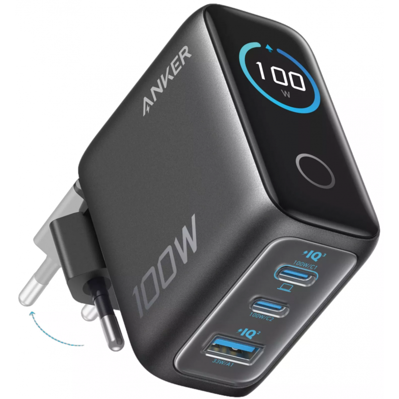 Φωτογραφία προϊόντος: Anker Φορτιστής με Θύρα USB-A και 2 Θύρες USB-C και Καλώδιο USB-C - USB-C 100W Power Delivery Dark Grey (Smart Display)
