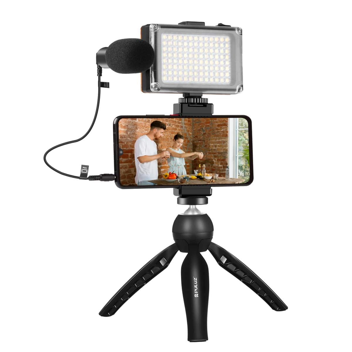 Φωτογραφία προϊόντος: Live broadcast kit Puluz tripod mount + LED lamp + microphone + phone clamp