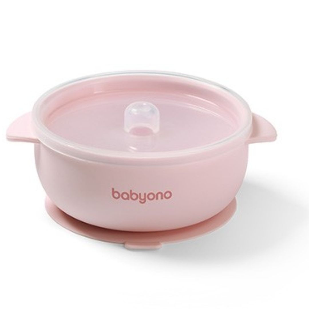 Φωτογραφία προϊόντος: 1662/02 BabyOno Μπολάκι σιλικόνης με λαβές, καπάκι και βάση με βεντούζα ροζ