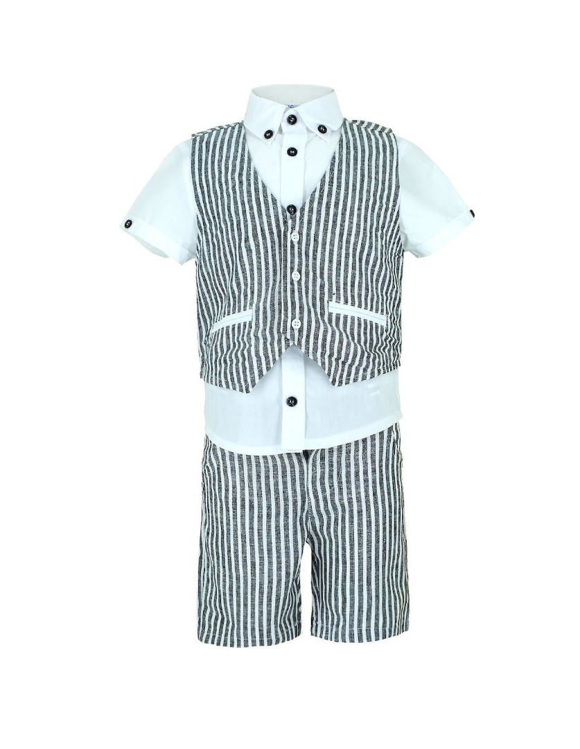 Φωτογραφία προϊόντος: All Stars Kids Fashion Παιδικό Σετ Πουκάμισο/Γιλέκο/Βερμούδα Λευκό-Γκρι Ριγέ 12405