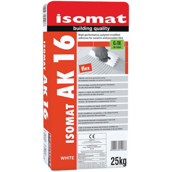 Φωτογραφία προϊόντος: Isomat AK-16 Ρητινούχα, τσιμεντοειδής κόλλα πλακιδίων με μηδενική ολίσθηση Λευκή 25Kg
