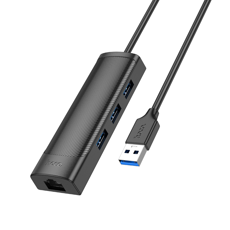 Φωτογραφία προϊόντος: 2ADD149A-D3CC-EF11-9A7B-C174DFB988E4 Αντάπτορας Hoco HB42 USB σε 3 x USB 3.0 και RJ45 με Λειτουργία Μεταφοράς Δεδομένων 1000Mbps Μαύρος