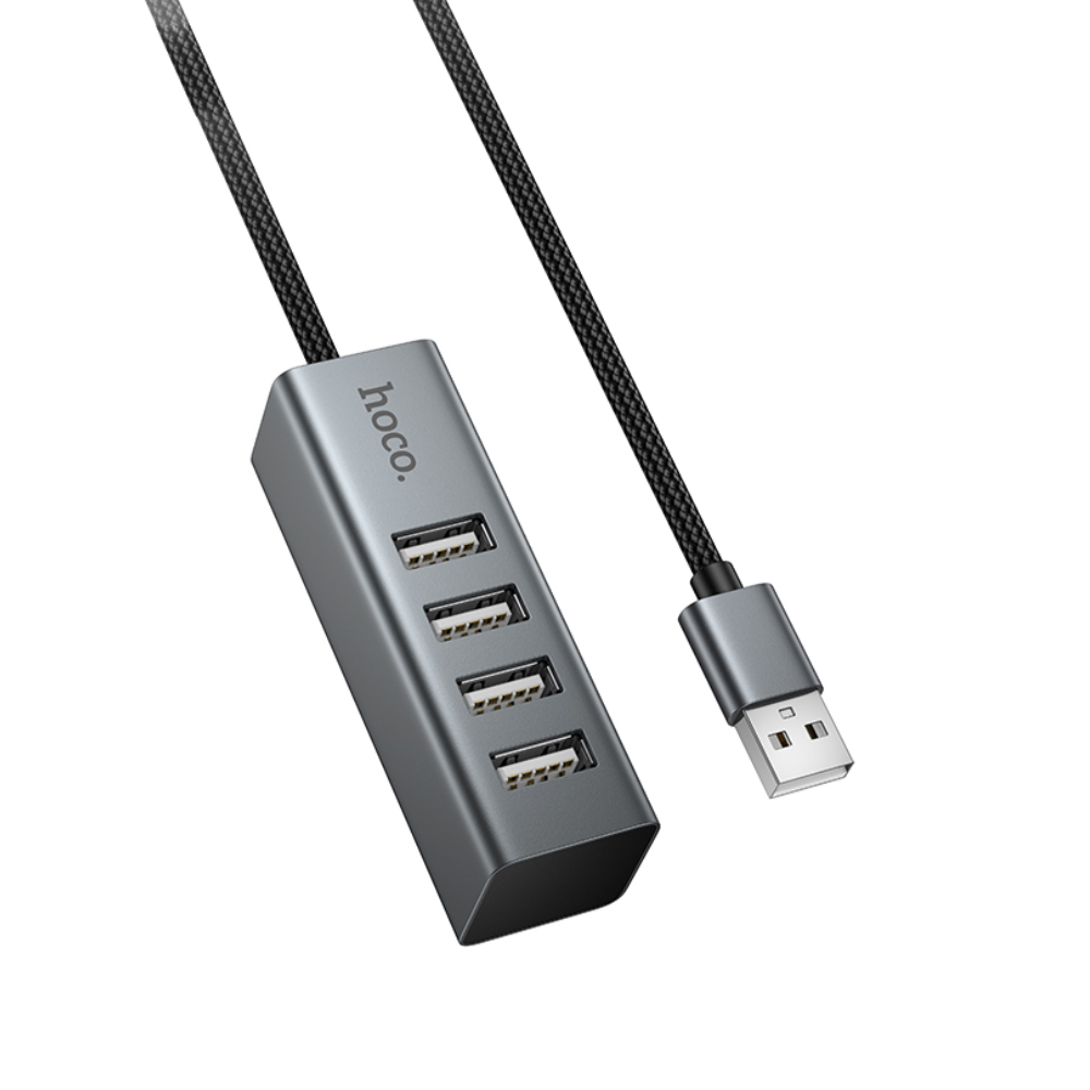 Φωτογραφία προϊόντος: Hub USB Hoco HB1A 4-in-1 USB2.0 σε 4xUSB2.0 480Mbps 5V/3A Metal Gray 1.2m