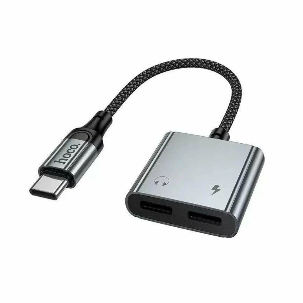 Φωτογραφία προϊόντος: Αντάπτορας Hoco UPA34A USB-C με Διπλή Εξοδο σε 2xUSB-C για Τροφοδοσία και Ηχο με Braided Καλώδιο Γκρ