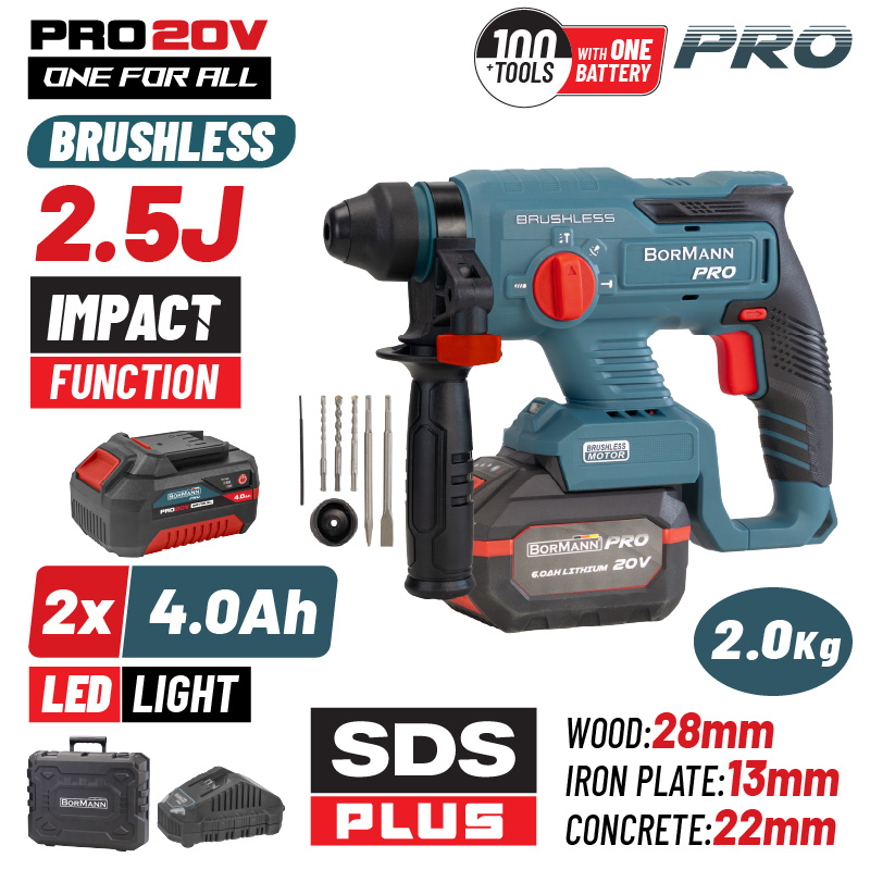 Φωτογραφία προϊόντος: BORMANN Pro BBP5301X44CA Πνευματικό Σκαπτικό Μπαταρίας 20V,,2x4Ah,Brushless,2.5J,SDS-Plus & Βαλίτσα