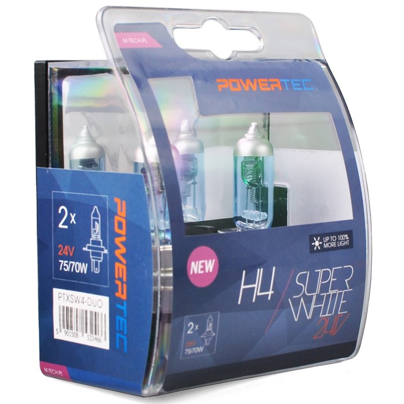 Φωτογραφία προϊόντος: H4 24V 75/70W 3.450K P43t POWERTECK SUPERWHITE BLISTER 2ΤΕΜ. M-TECH