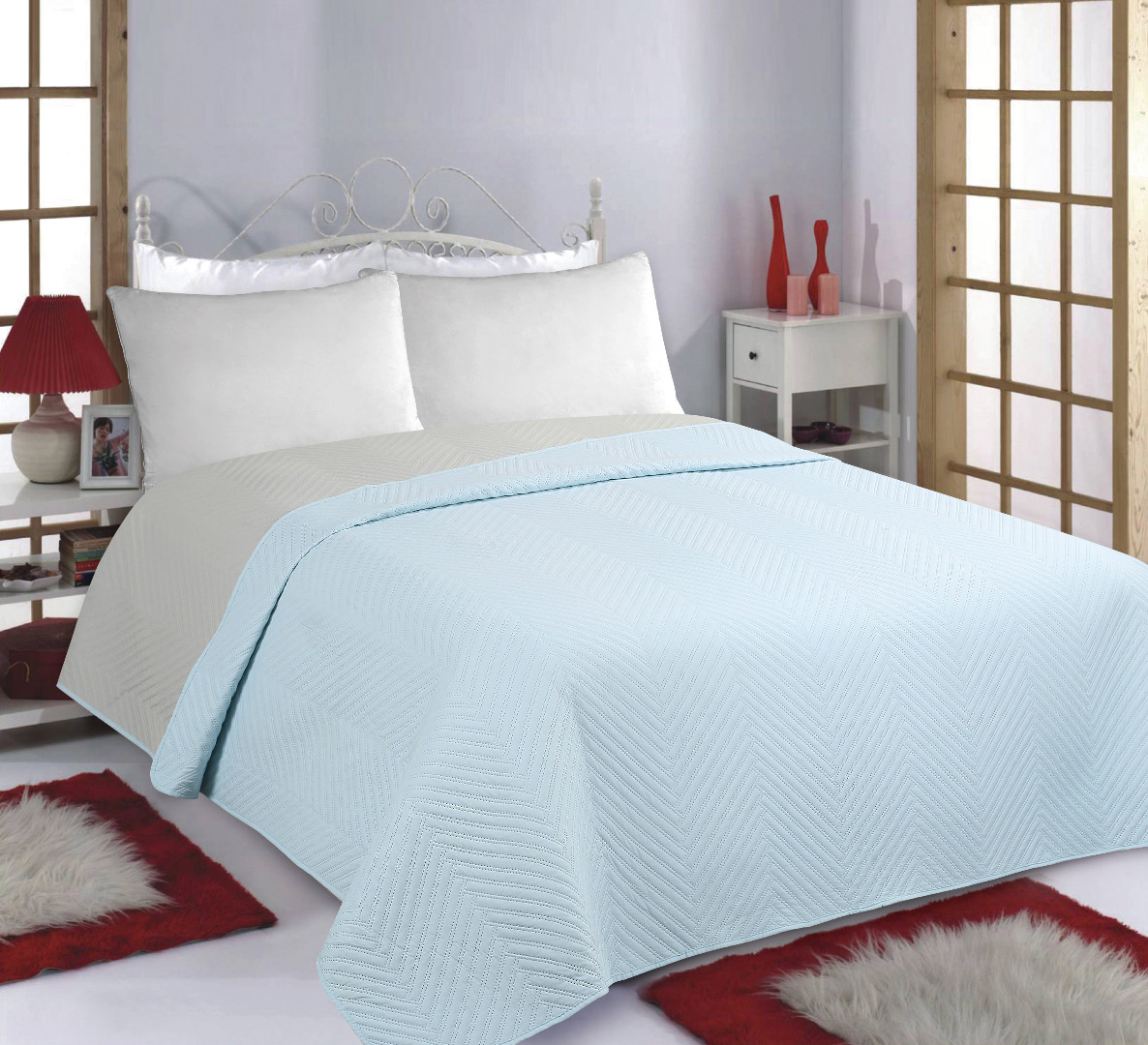 Φωτογραφία προϊόντος: SilkFashion ΚΟΥΒΕΡΛΙ σετ (170cm x 220cm) BONES sky blue/ grey