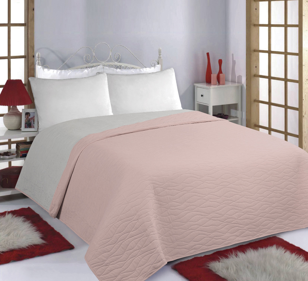 Φωτογραφία προϊόντος: SilkFashion ΚΟΥΒΕΡΛΙ σετ (240cm x 260cm) WAVES pink/grey
