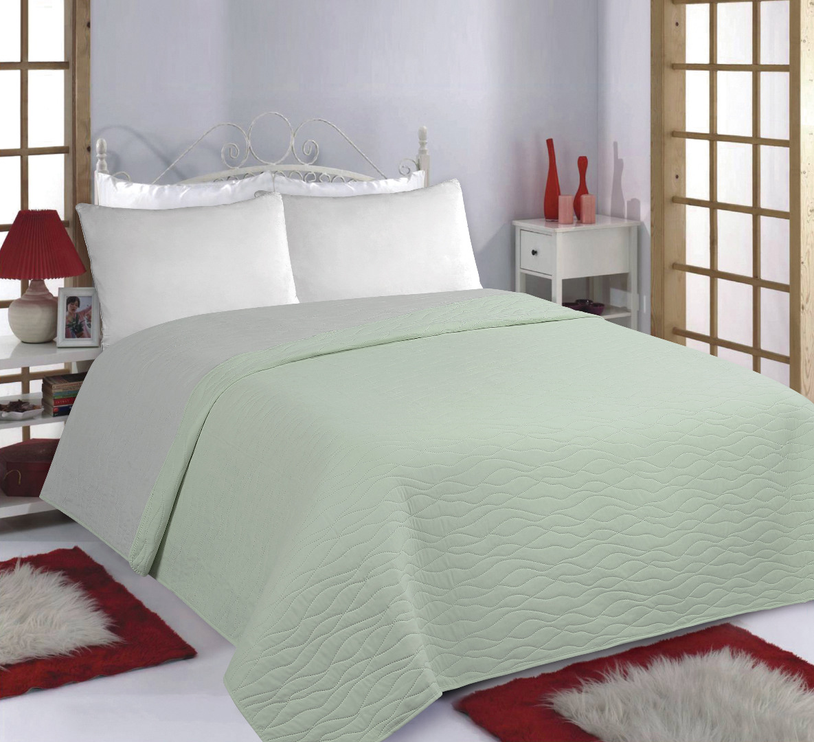Φωτογραφία προϊόντος: SilkFashion ΚΟΥΒΕΡΛΙ σετ (170cm x 220cm) WAVES mint/grey