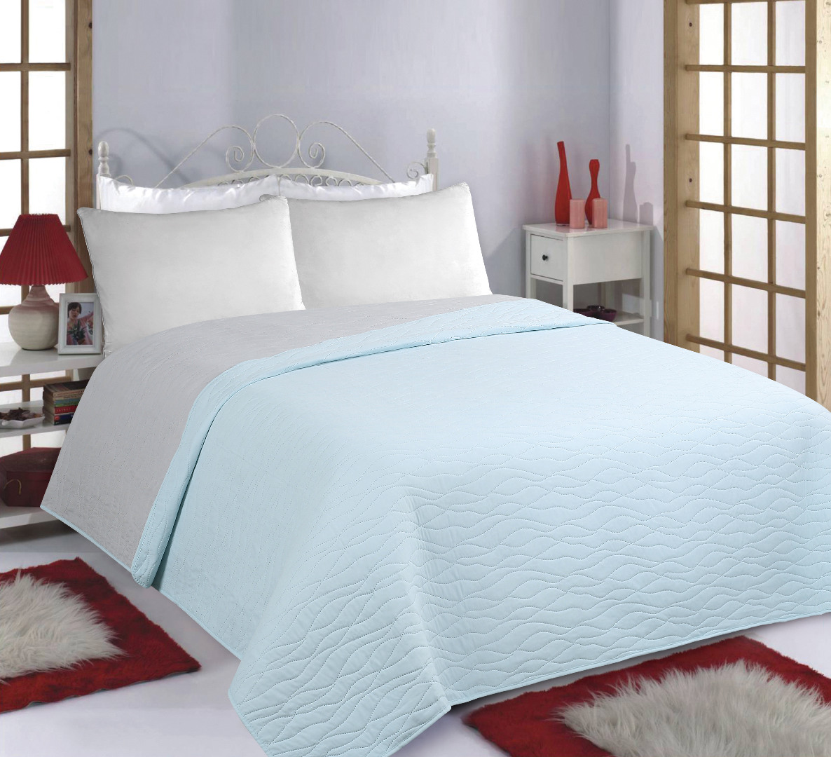 Φωτογραφία προϊόντος: SilkFashion ΚΟΥΒΕΡΛΙ σετ (220cm x 240cm) WAVES sky blue/ grey
