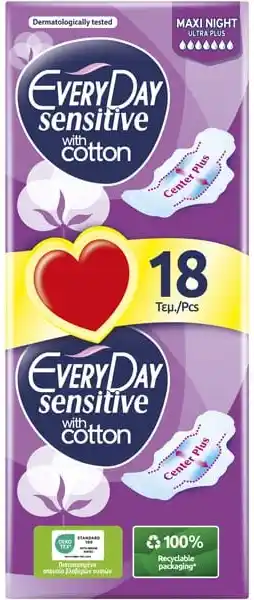 Φωτογραφία προϊόντος: EVERYDAY Every Day Ultra Plus Maxi Night Sensitive Σερβιέτες με Φτερά Economy 18τμχ
