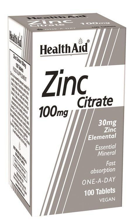 Φωτογραφία προϊόντος: HEALTH AID Zinc Citrate 100mg συμπλήρωμα Διατροφής με Ψευδάργυρο 100Tabs.