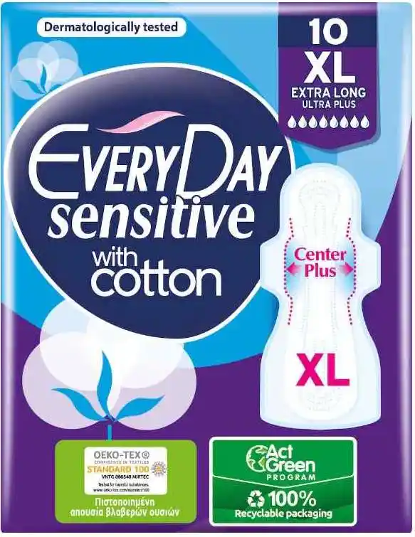 Φωτογραφία προϊόντος: EVERYDAY Every Day Sensitive With Cotton Extra Long Ultra Plus Σερβιέτες Με Φτερά 18τμχ