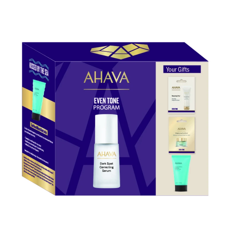 Φωτογραφία προϊόντος: AHAVA Even Tone Program, Dark Spot Correcting Serum, Ενυδατικός Ορός Κατά των Κηλίδων - 30ml &amp; Renewing Peel - 8ml &amp; Brightening Mud Mask - 6ml &amp; Sea-Kissed Mineral Bod