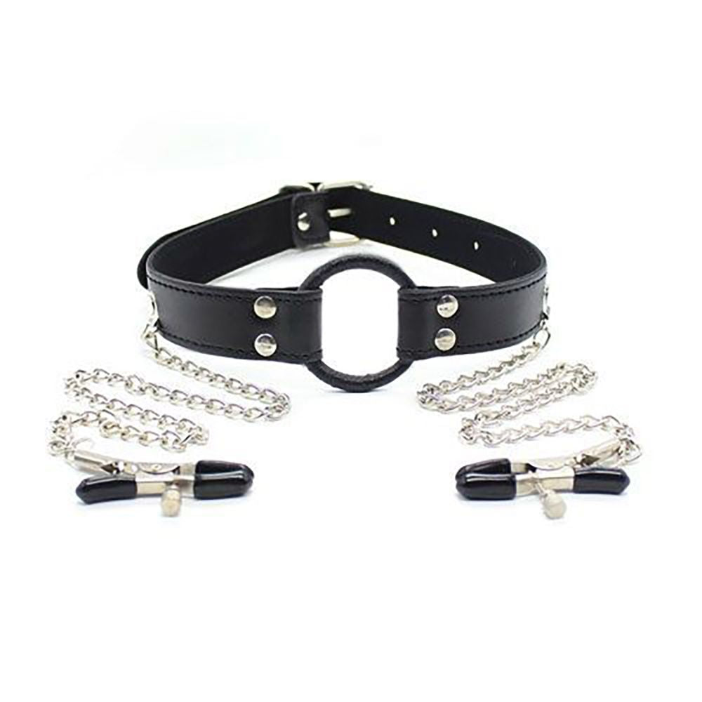 Φωτογραφία προϊόντος: Toyz4Lovers Μαύρο Φίμωτρο Ring Gag με Μανταλάκια Θηλών