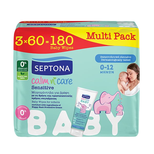 Φωτογραφία προϊόντος: Septona Calm n' Care Sensitive Baby Wipes Μωρομάντηλα για Ευαίσθητο Δέρμα με Αλόη Βέρα & Βιταμίνη Ε 3x60τεμ.