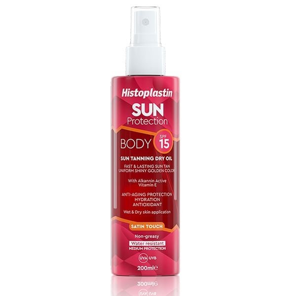 Φωτογραφία προϊόντος: HISTOPLASTIN Sun Protection Tanning Dry Oil Body Satin Touch SPF15 Ξηρό Λάδι για Γρήγορο, Λαμπερό & Έντονο Μαύρισμα, 200ml
