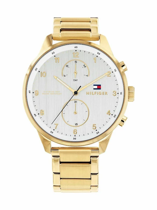 Φωτογραφία προϊόντος: Tommy Hilfiger Chase Ανδρικό Ρολόι 44mm Χρονογράφος Μπαταρίας με Χρυσό Μεταλλικό Μπρασελέ
