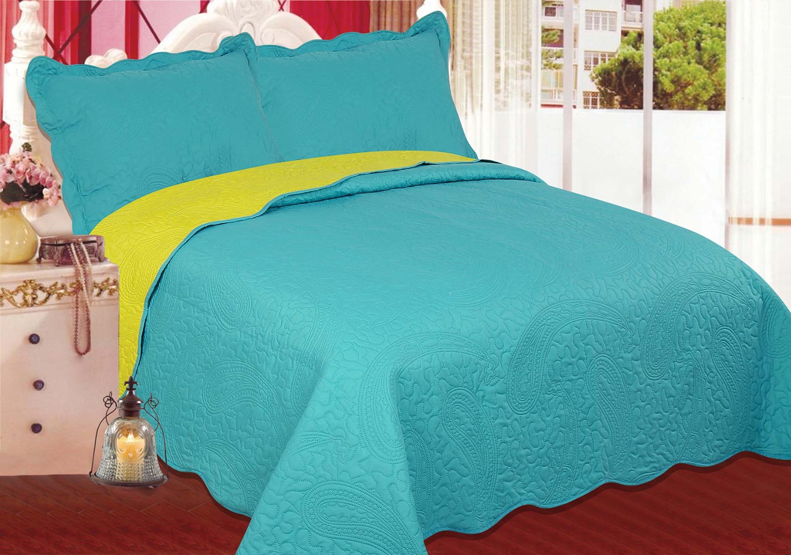 Φωτογραφία προϊόντος: SilkFashion ΚΟΥΒΕΡΛΙ σετ (220cm x 240cm + 2 x 50cm x 70cm) λαχούρι BLUE & GREEN