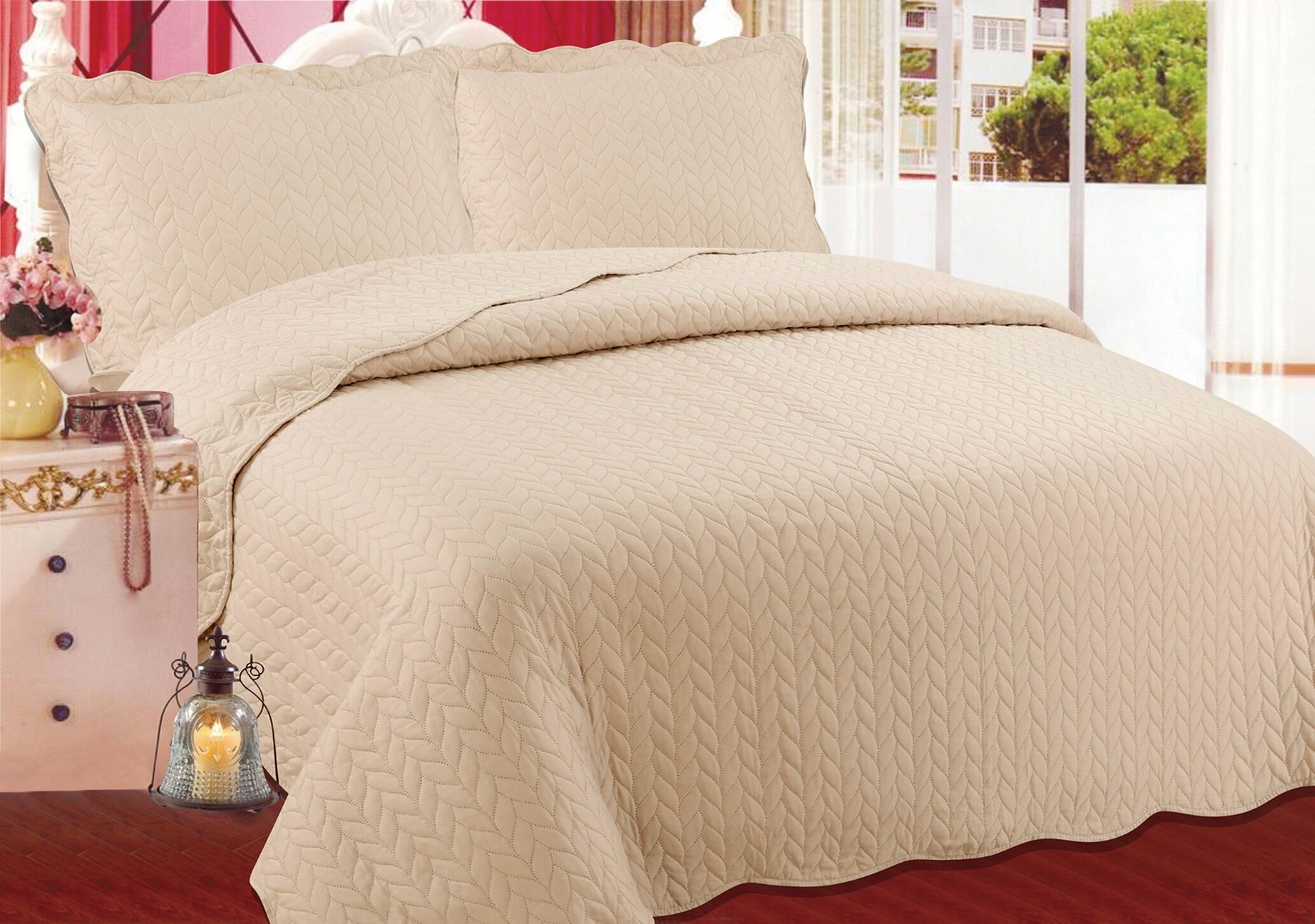 Φωτογραφία προϊόντος: SilkFashion ΚΟΥΒΕΡΛΙ σετ (220cm x 240cm + 2 x 50cm x 70cm) φύλλο light brown