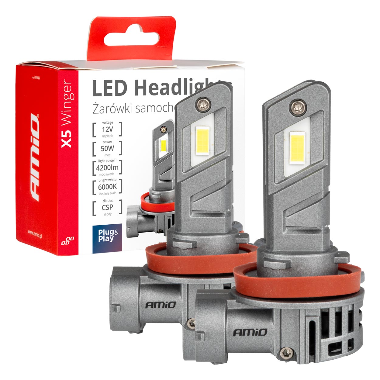 Φωτογραφία προϊόντος: Λάμπες LED AMiO X5 Winger H8/H9/H11 12V 50W 6000K 4200lmns Canbus Σετ 2 τεμ. 03947