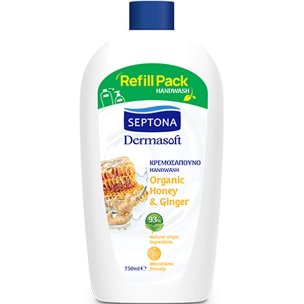 Φωτογραφία προϊόντος: Septona Dermasoft Organic Honey & Ginger Ανταλλακτικό Υγρό Κρεμοσάπουνο, 750ml