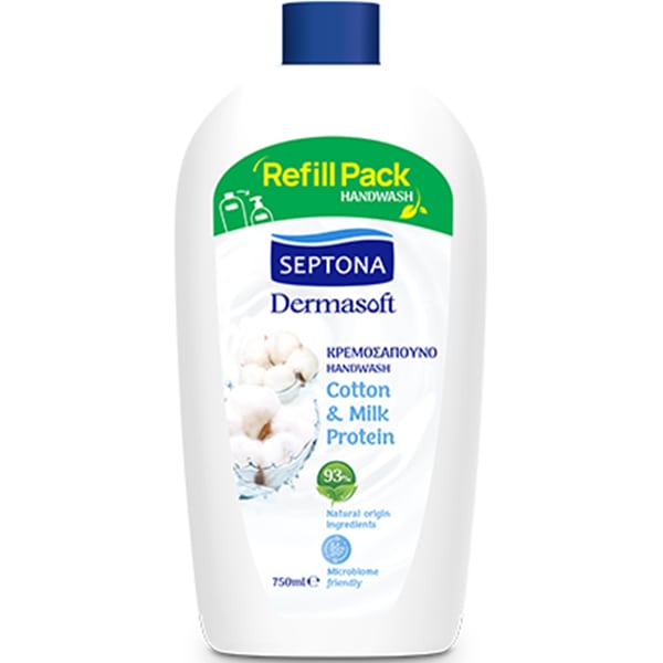 Φωτογραφία προϊόντος: Septona Dermasoft Cotton & Milk Protein Ανταλλακτικό Υγρό Κρεμοσάπουνο, 750ml