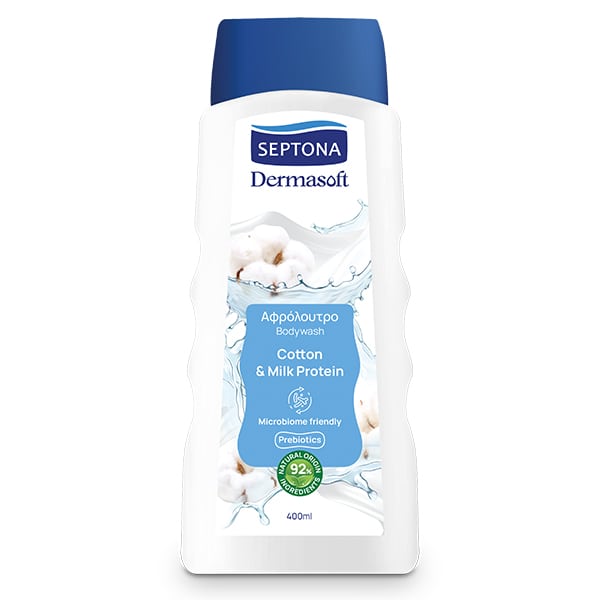 Φωτογραφία προϊόντος: Septona Dermasoft Cotton & Milk Protein Bodywash Αφρόλουτρο με Εκχύλισμα Βαμβακιού & Πρωτεΐνη Γάλακτος, 400ml