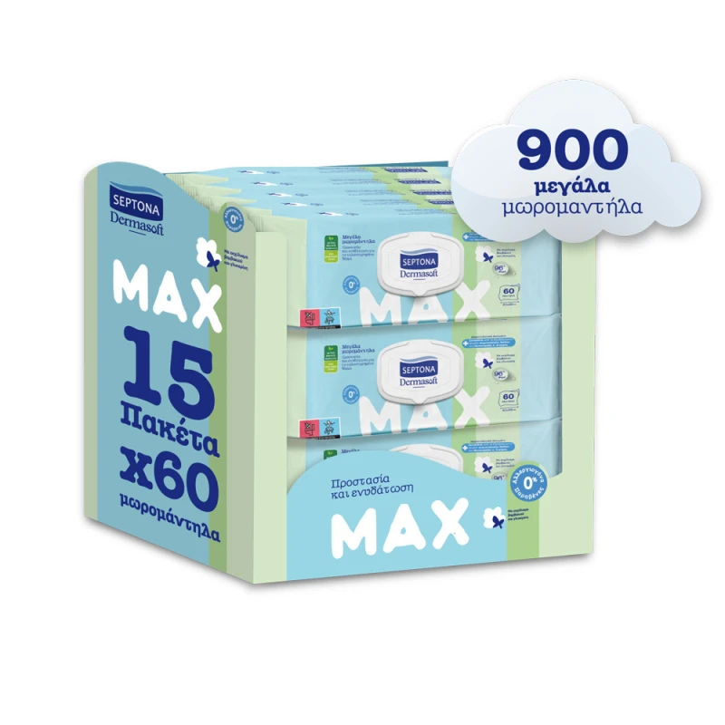 Φωτογραφία προϊόντος: Septona Dermasoft Max Monthly Pack Μεγάλα Μωρομάντηλα με Καπάκι 900 Τεμάχια (15x60 Τεμάχια)
