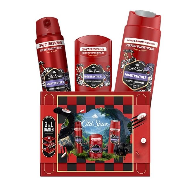 Φωτογραφία προϊόντος: Old Spice Xmas Promo Nightpanther Αποσμητικό Στικ 50ml, Αφρόλουτρο & Σαμπουάν 250ml, Αποσμητικό Σπρέι 150ml & Δώρο Κουτί Παιχνιδιών 3 σε 1 1 τεμ.