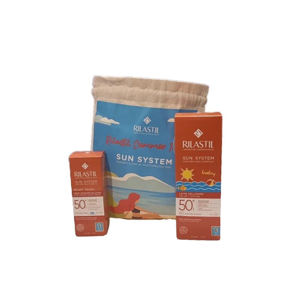 Φωτογραφία προϊόντος: Rilastil Promo Sun System Baby Velvet Spf50+ Αντηλιακό Γαλάκτωμα Σώματος Για Βρέφη, 200ml +amp; Δώρο Spf50+ Αντηλιακή Κρέμα Λαιμού/Προσώπου, 50ml +amp; Πουγκί