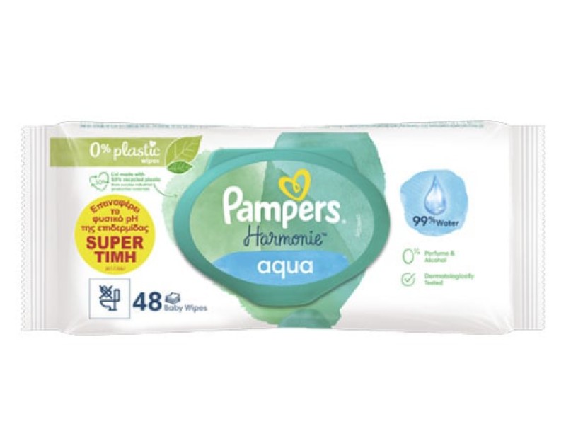 Φωτογραφία προϊόντος: Pampers Harmonie Aqua Μωρομάντηλα με 99% Νερό χωρίς Οινόπνευμα +amp; Άρωμα 48 Τεμάχια Συσκευασία με Καπάκι