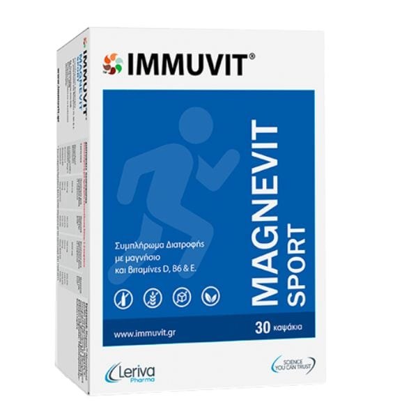 Φωτογραφία προϊόντος: Leriva Immuvit Magnevit Sport Διατροφικό Συμπλήρωμα με Μαγνήσιο και Βιταμίνες 30 κάψουλες
