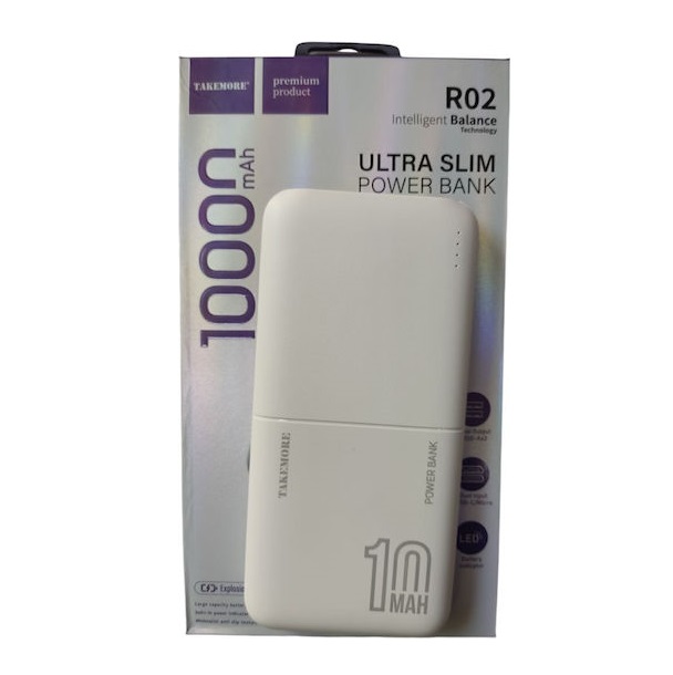 Φωτογραφία προϊόντος: OEM Takemore Portable Powerbank Dual Output USB-Ax2 Dual Input USB-C/Micro 10000 mAh, R02 (White)