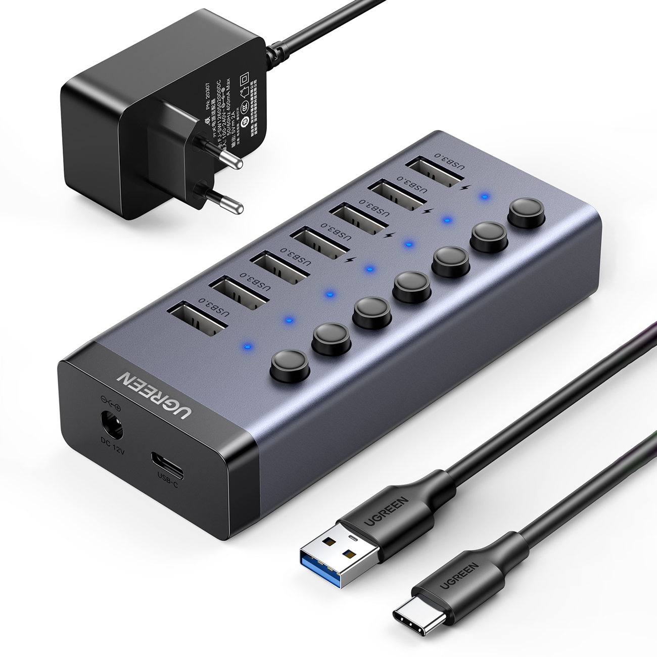 Φωτογραφία προϊόντος: UGREEN Hub 7in1 USB-C, 7x USB-A 3.0 12V 2A (black)